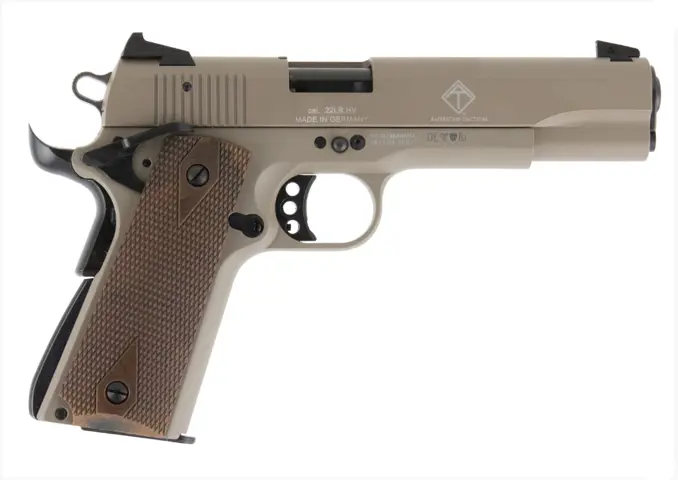 813393018442 M1911 HGA 22LR 5 inch Barrel 10 Round Wood Grips Tan